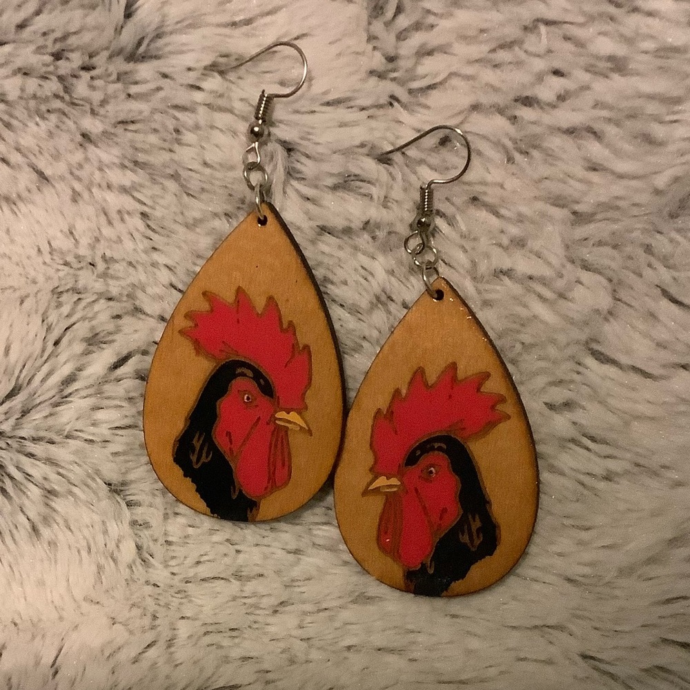 Hand Painted Black Wood Rooster Chicken Dangle Earrings